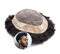 SWENEEN Peluca Afro Rizada para Hombres Negros, Prótesis Capilar India De 6", Parte Superior Fina De Mono con PU Alrededor, Unidades Capilares para Hombres, Sistema De Reemplazo,1-Jet Black-7x10