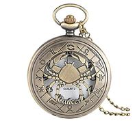 SWEPERFQ Reloj de bolsillo, reloj de bolsillo, 12 constelaciones signo del zodiaco cuarzo reloj de bolsillo retro bronce collar colgante hombre mujer león (Color : cáncer)