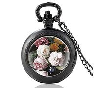SWEPERFQ Relojes, Relojes, Reloj de Bolsillo de Cuarzo Vintage con diseño de Flores, Collar con Colgante for Hombres y Mujeres, Reloj de horas-PA051-negro (Color : Pa592black)