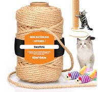 Swetfela 6MM X 60M Cuerda de Yute, Cuerda Sisal Avec 2 Jouets Souris, Multifuncional Cuerda Rascador para Gatos Natural, Cuerda para Reemplazo Árboles Rascador, Decoración Jardín, DIY Manualidades
