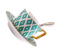 SWETRACE Juego de Taza y Platillo de Cerámica de Hueso Borde Dorado, Diseño Europeo, Patrón Tartán Verde, para Café y Té, Adecuado para Hogar, Cafetería y Restaurante, Set Delicado