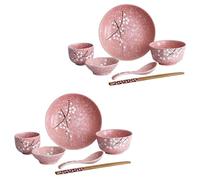 SWETRACE Juego de Vajilla Estilo Japonés Hogar 12 Piezas Cerámica Rosa 2 Cuencos, 2 Platos, 2 Tazones, 2 Cucharas y 2 Pares de Palillos, Kit de Cubiertos Creativos para Servir Arroz, Sopa