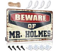 SWFG - Letrero de lata divertido clásico con texto en inglés "Beware of Mr. Holmes" para barbacoa, letreros de cochera al aire última intervensión (30 x 40 cm)