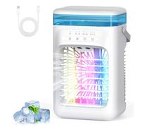 SWGOTA Aire Acondicionado Portatil Mini, 5 en 1 Enfriador de Aire Pequeño, Tanque de 1000m, 3 Velocidades, 2 Nebulización, 2-4H Cronometrado, 7 LED Ventilador Refrigerador para Dormitorio Oficina