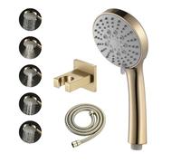 SWHC Alcachofa de Ducha 5 Modos Oro Cepillado, Cabezal de Alta Presión con Soporte de Latón y Flexo 1,5m, Ducha de Mano Antical y Ahorro de Agua, para Baño y Bañera