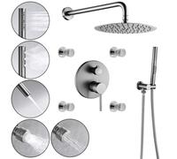 SWHC Columna Ducha Empotrada, Columna de Ducha sin Grifo, Duchas de Baño con rociador Superior 25×25cm Giratorio 360°, 4 Chorros de Masaje y Ducha de Mano con 3 Chorro, Cobre y Acero Inoxidable