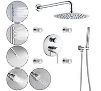 SWHC Columna Ducha Empotrada, Columna de Ducha sin Grifo, Duchas de Baño con rociador Superior 25×25cm Giratorio 360°, 4 Chorros de Masaje y Ducha de Mano con 3 Chorro, Cobre y Acero Inoxidable