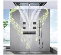 SWHC Conjunto Ducha Empotrada Techo Musical con 64 Colores LED, 6 Funciones Sistema de Ducha Termostatico con Pantalla Digital, Ducha de Techo Empotrada 900x300mm, 4 Jets de Masaje, Ducha de Mano