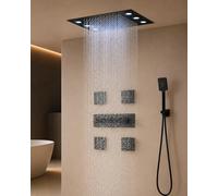 SWHC Sistema de Ducha Empotrado Termostático, 380x580mm LED Multifuncional Columna de Ducha, Latón Sistema de Panel de Hidromasaje con Alcachofa Ducha, 4Pcs Chorros Masaje y Ducha Mano, Negro