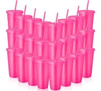 SWHCM 24 piezas de vasos de plástico con tapas y pajitas, 710 ml de vasos con purpurina para café helado, vasos de plástico reutilizables para batidos, zumos, fiestas de cumpleaños - accesorios para