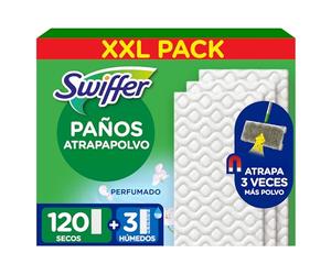 Swiffer Mopa Recambios Secos Para Suelos 120 Unidades Y Recambios Húmedos Para Suelos 3 Unidades, Atrapa Y Retiene El Polvo