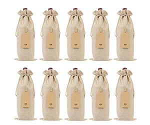 Swiixxer Bolsas de Vino de Arpillera Bolsas de Regalo de Vino con Cordones, Tapas de de Vino Reutilizables Individuales con Cuerdas y Etiquetas (10 Piezas)