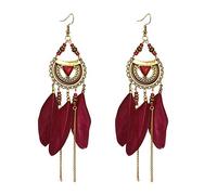 Swiixxer Retro Pendientes Largos de la de la Manera Del Estilo de la Pluma Étnico Boho Pendiente Grande de la Boda Pendientes de la Boda Accesorios Adornos Rojo