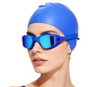 Swim Goggles Hat For Adults - Aquatic Hydrodynamic Protection Headgear Kit, No-Leak Tinted Eye Shield Headpiece, Clamshell Stretchy Ear-Protection Cap | Anti-Glare Tinted Lens Water-Sport Piece For Ex