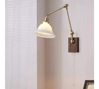 Swing Arm Wood Wall Sconce with Pull Chain Switch Adjustable Walnut and Glass Lamp Japanese Style Minimalist Brass Bedside Reading Light(White)/White