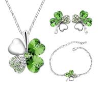 SwirlColor 4 Hoja Trébol Collar Earrings Pulseras de trébol de cuatro hojas Colgante ajustable Juego de cadenas Peach Heart Rhinestone Joyas con incrustaciones de cristal para niñas, mujeres (Verde)