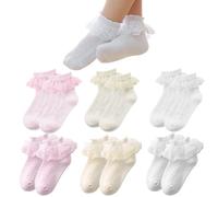 SwirlColor Calcetines con Volantes para Niñas - 6 Pares Tobilleros de Encaje Blanco Rosa Amarillos para 1-3 Años