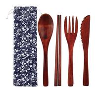 SwirlColor Set de cubiertos madera para niños, juego de cubiertos reutilizables y portátil 4pcs, con 1 cuchara, 1 tenedor, 1 palillo, 1 cuchillo y bolsa
