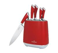 SWISS HAUS - Juego de 5 cuchillos de cocina con bloque de almacenamiento - Colección Lago Ginebra Burdeos - Acero inoxidable robusto - Hojas de 9 a 20 cm - Grosor de 1,7 a 2,2 mm