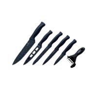 SWISS HAUS - Juego de cocina de 6 piezas - Colección Basel Premium Negro - Cuchillo de chef de 19 cm y 15 cm, para pan de 15 cm, multiusos de 13 cm, para pelar de 9 cm - Pelador