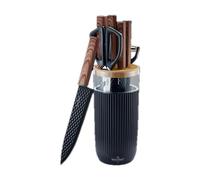 SWISS HAUS - Juego de cocina de 8 piezas con bloque de almacenamiento - Colección Lake Geneva Negro - Acero inoxidable - Cuchillas de 9-20 cm - Grosor 1,2-1,5 mm - Accesorios esenciales
