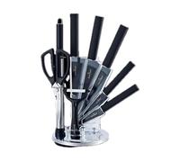 SWISS HAUS - Juego de cuchillos de cocina de 9 piezas - Colección Lake Geneva, negro - Bloque vertical para cuchillos - Hojas de corte de 1,5 mm, hojas de precisión de 1,2 mm