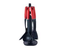 SWISS HAUS - Juego de utensilios de cocina de 7 piezas con soporte giratorio - Colección Lago Ginebra Burdeos - Espátula, espumadera, cucharón, cuchara, cuchara -