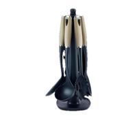 SWISS HAUS - Juego de utensilios de cocina de 7 piezas con soporte giratorio - Colección Lake Geneva Champagne - Espátula, espumadera, cucharón, cuchara medidora, cuchara
