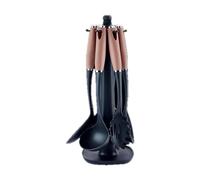 SWISS HAUS - Juego de utensilios de cocina de 7 piezas con soporte giratorio - Colección Lake Geneva Copper - Espátula, espumadera, cucharón, cuchara medidora, cuchara -