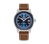 Swiss Military Hanowa Reloj Afterburn Gmt para hombre, con correa marrón de piel auténtica Pro de 44 mm, azul, contemporáneo, azul, 44 mm, Contemporáneo