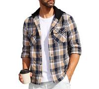 SwissWell Camisa a Cuadros Hombre Camisa de Franela para Hombre Sudaderas de Leñador de Manga Larga Exteriore Camisa Casual con Capucha Azul-Beige XXL