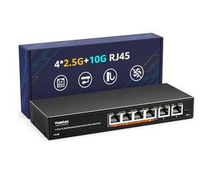 Switch Ethernet 10G No Gestionado de 6 Puertos, 4 Puertos Base-T de 2.5G, 2 Puertos RJ45 de 10Gb, Compatible con 100/1000/2500Mbps, Metálica, VLAN, Switch de Red YuanLey 2.5Gbe para NAS 2.5G/10G