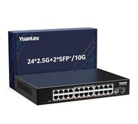 Switch Ethernet No Gestionado 2.5G De 24 Puertos, 24 X Puertos 2.5Gb Base-T, 2 X 10G SFP+, Compatible con 100/1000/2500Mbps, Metálico Sin Ventilador, Montaje Rack YuanLey Switch De Red 2.5Gbe