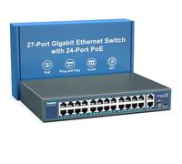 Switch PoE Gigabit 24 Puertos No Gestionado, YuanLey 27 Puertos Gigabit PoE con 2 Uplink & 1 SFP, Rackmount, Fuente de Alimentación Integrada 400W, Compatible 802.3af/at, Plug and Play, VLAN One-Key