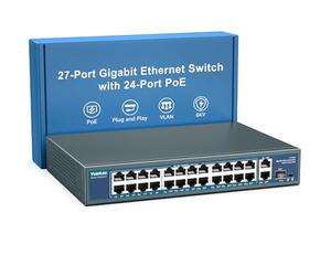 Switch PoE Gigabit 24 Puertos No Gestionado, YuanLey 27 Puertos Gigabit PoE con 2 Uplink & 1 SFP, Rackmount, Fuente de Alimentación Integrada 400W, Compatible 802.3af/at, Plug and Play, VLAN One-Key