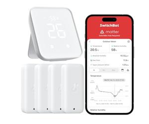 SwitchBot Termómetro higrómetro mate para interior y exterior, 4 unidades, con Hub2, IP65, resistente al agua, temperatura y sensor de humedad, compatible con Apple Home, Alexa, GoogleHome, IFTTT