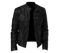 SWJGLITTR Chaqueta de piel sintética para hombre, ajustada, con cremallera, cortavientos, ligera, estilo vintage, para motociclista, Negro, X-Large