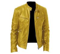 SWJGLITTR Chaqueta de piel sintética para hombre, ajustada, con cremallera, cortavientos, ligera, estilo vintage, para motociclista, Amarillo, X-Large
