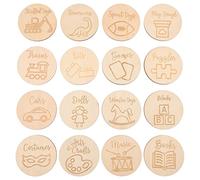 SWOOMEY Etiquetas De Madera Para Juguetes Redondas Para Niños, Duraderas, Diseño Creativo, Para Organizar y Decorar Cajas De Almacenamiento Guarderías y Hogares, Pack De 16 Unidades