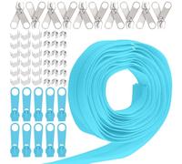 Swpeet 1 rollo de 10 yardas de cinta de cremallera de nailon azul cielo con kit de surtido de 20 piezas de deslizadores de cremallera combinados, juego de cremalleras de repuesto con deslizador doble