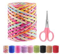 Swpeet 1 rollo de 200 metros de cinta de papel de rafia de color azul claro y verde natural con tijeras, kit de surtido, hilo de rafia natural, papel kraft para embalaje de manualidades, cordel para