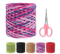 Swpeet 1 rollo de cinta de papel de rafia con tijeras, color rojo rosa, 218 yardas, kit surtido de tijeras, cuerda de rafia natural, suministros de bricolaje, ramos de flores