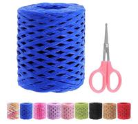 Swpeet 1 rollo de hermosa cinta de papel de rafia azul zafiro de 218 yardas con juego de tijeras, hilo de rafia natural y papel kraft para regalos y manualidades de flores de bricolaje