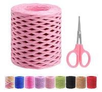 Swpeet 1 rollo de hermosa cinta de papel de rafia rosa de 218 yardas con tijeras, kit surtido de cuerda de rafia natural, cordel de papel kraft para regalos, suministros de bricolaje, ramos de flores,