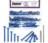 Swpeet 102 piezas, 5 medidas, anclajes para tornillos para concreto de cabeza plana de 1/4" con punta para destornillador y manual de perforación, kit surtido, tornillos para concreto autorroscantes