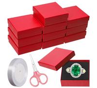 Swpeet 12 cajas de regalo de joyería de cartón de 3,5 × 3,5 × 1 pulgadas con tijeras y cintas de poliéster en rojo, cajas de regalo de pulsera de pendientes de collar, muy adecuadas para joyas