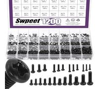 Swpeet 1200Pcs 24 Tamaños M1 M1.2 M1.4 M1.6 M1.7 M2 M2.5 M3 Phillips Equipo de tornillos de máquina de cabeza plana, pequeños tornillos de cabeza redonda plana de cabeza cruzada Pequeño sujetador