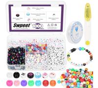 Swpeet 1202pcs cuentas redondas acrílicas de color cuentas de letras con líneas transparentes elásticas y tijeras, cuentas de letras con grandes agujeros joyas para hacer bricolaje