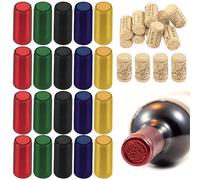 Swpeet 130 unidades 5 colores oro negro rojo verde azul PVC calor cápsulas termorretráctiles y botella de vino recto natural tapón de corcho surtido kit de surtido, vino termorretráctil botella de