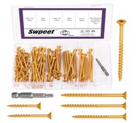 Swpeet 131 tornillos de cubierta caqui de 5 tamaños con kit surtido de puntas de estrella T25, tornillos de cabeza plana T25 Star Torx resistentes a la corrosión, tornillos de madera exteriores con